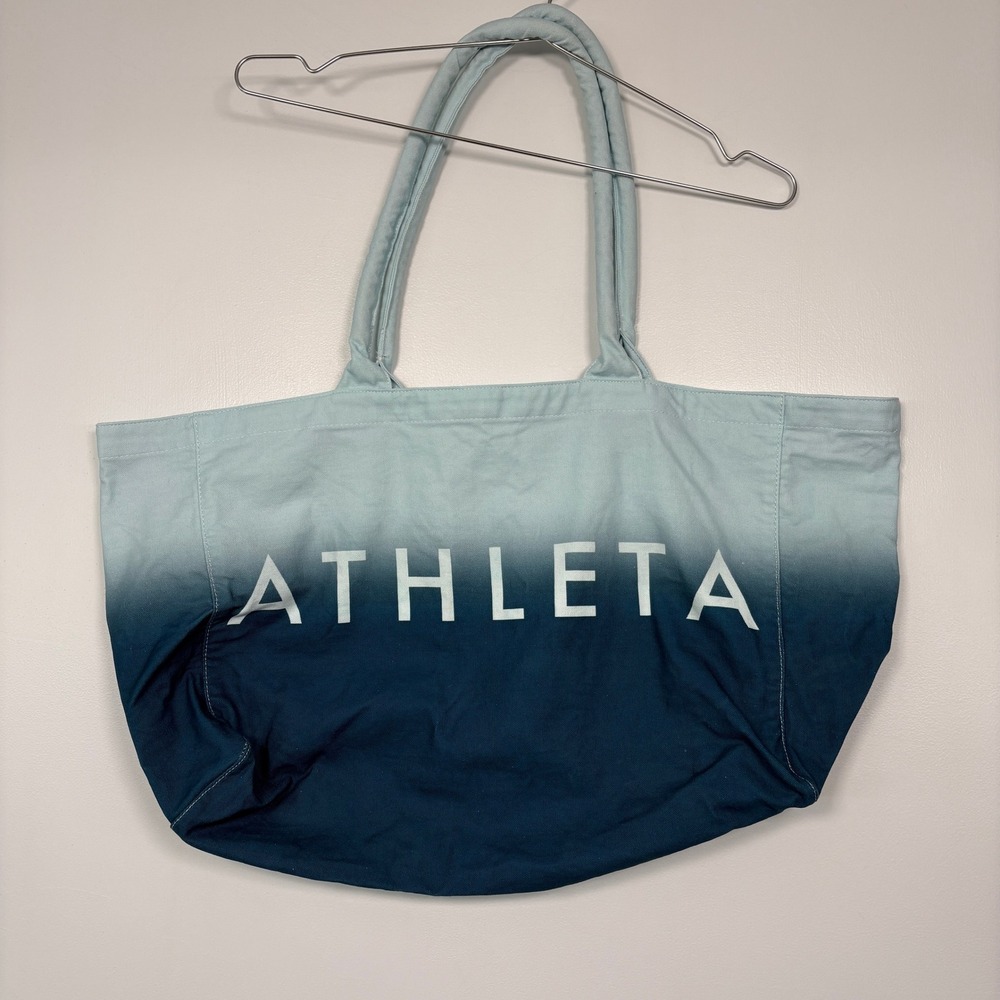 Athleta Womens Tote Bag OS Blue Ombre Canvas Dip Dye Logo Gym Beach Bag